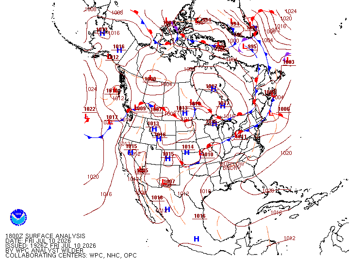 North American surface analysis showing cold, warm, occluded and stationary fronts with isobars and pressure centres